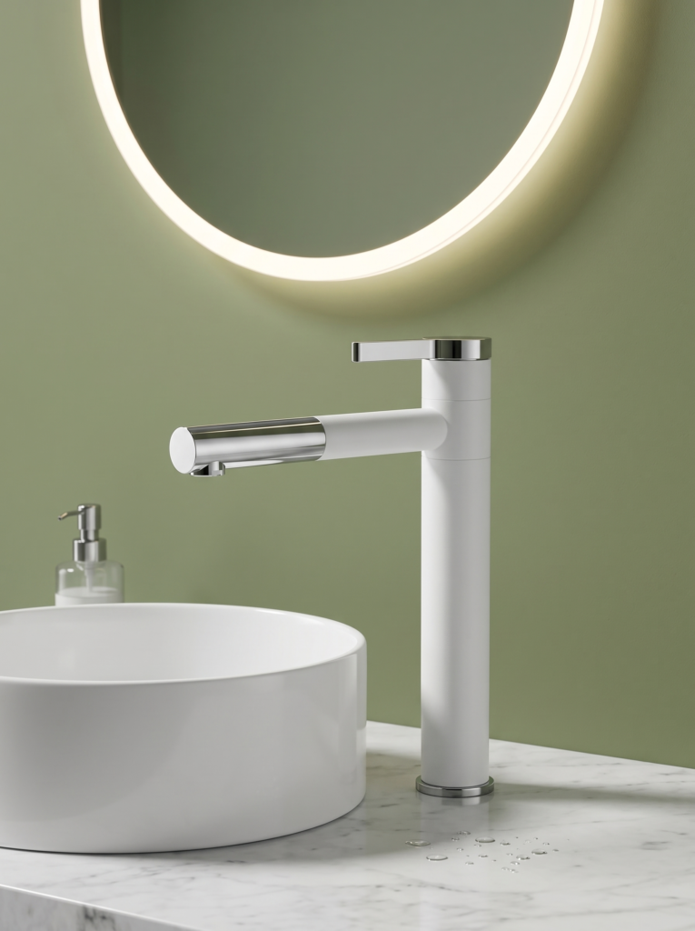 Two-tone cylindrical tall faucet with sleek chrome flat handle for vessel sink | TBF001G