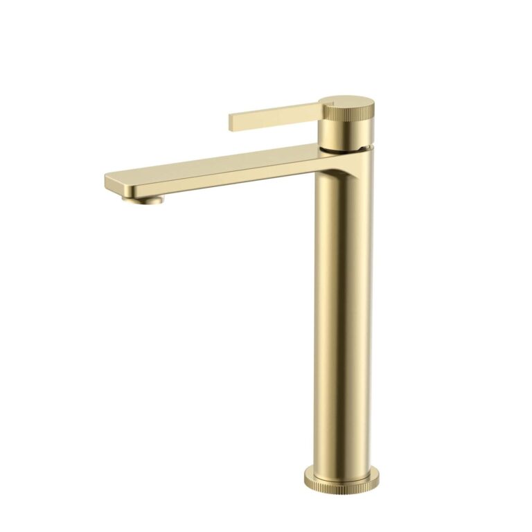 Title: Brushed brass tall basin tap with flat spout and knurled cap detailing | TBF004G