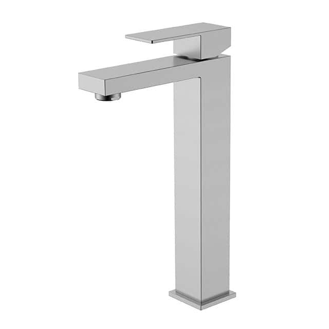 Contemporary brushed nickel square tall faucet with sharp angular silhouette | TBF008L