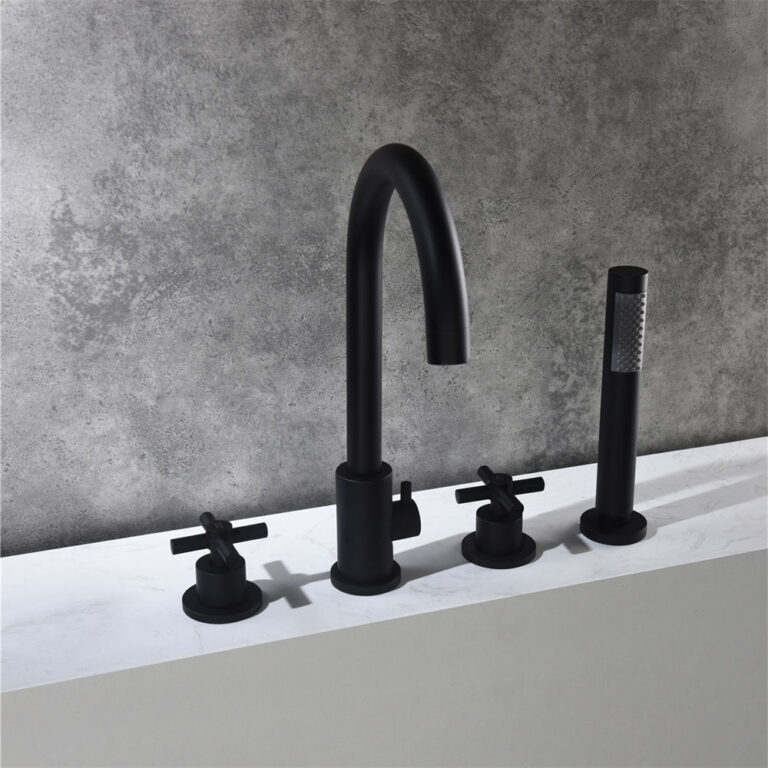 Modern Matt Black 4-Hole Thermostatic Bathtub Faucet, Cross Handles