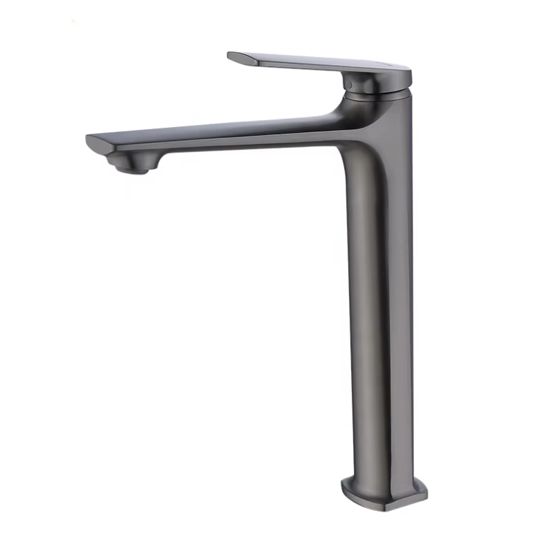 Title: Matte black aerodynamic tall bathroom faucet with minimalist tapered body  |  TBF002B