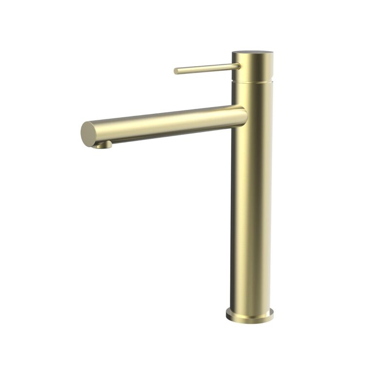 Minimalist brushed gold tall vessel faucet with slender pin lever handle | TBF003G