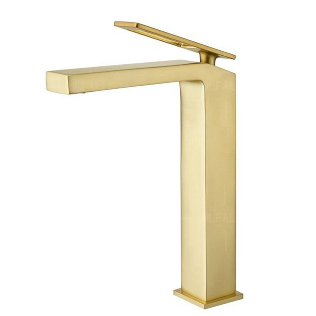 Modern geometric square tall faucet with wide flat lever in brushed gold | TBF005G