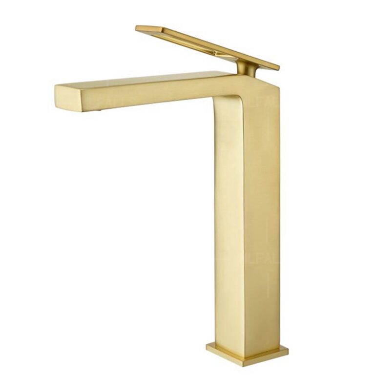 Modern geometric square tall faucet with wide flat lever in brushed gold | TBF005G