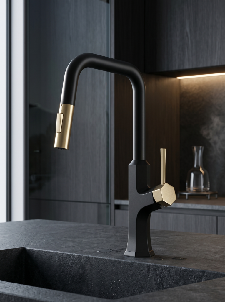 Hexagonal Kitchen Sink Tap With Slanted Right Spout