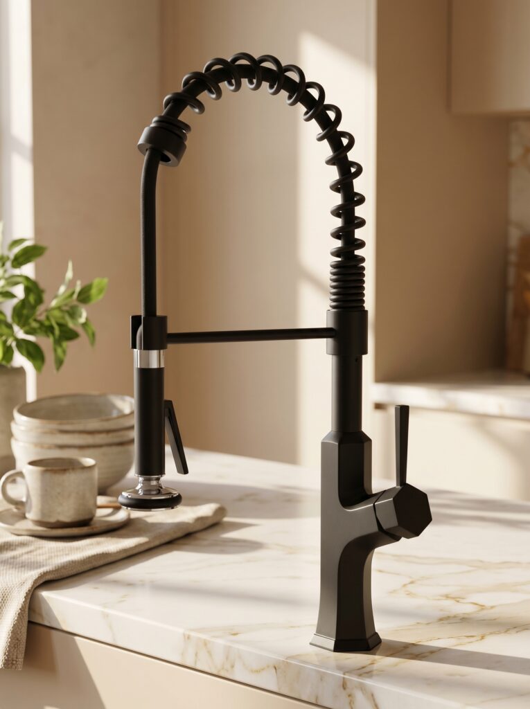 Spring Coil Neck Kitchen Tap With Hexagonal Design