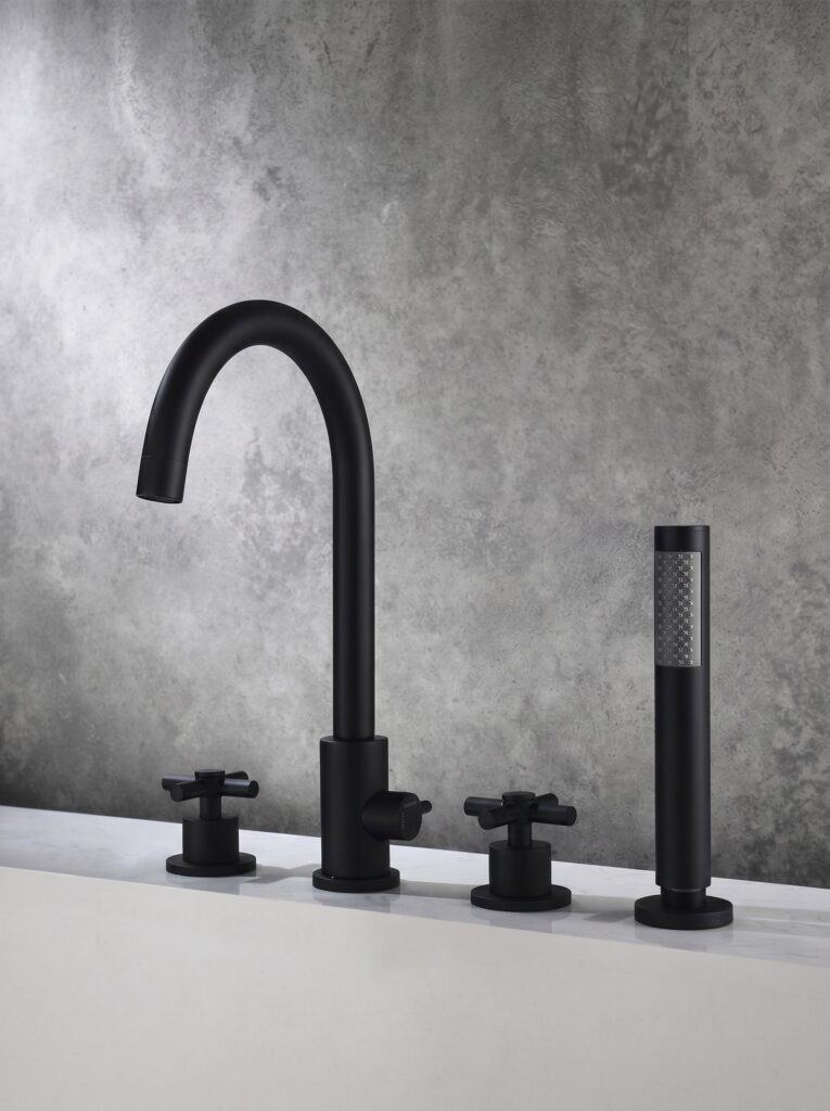 Modern Matt Black 4-Hole Thermostatic Bathtub Faucet, Cross Handles