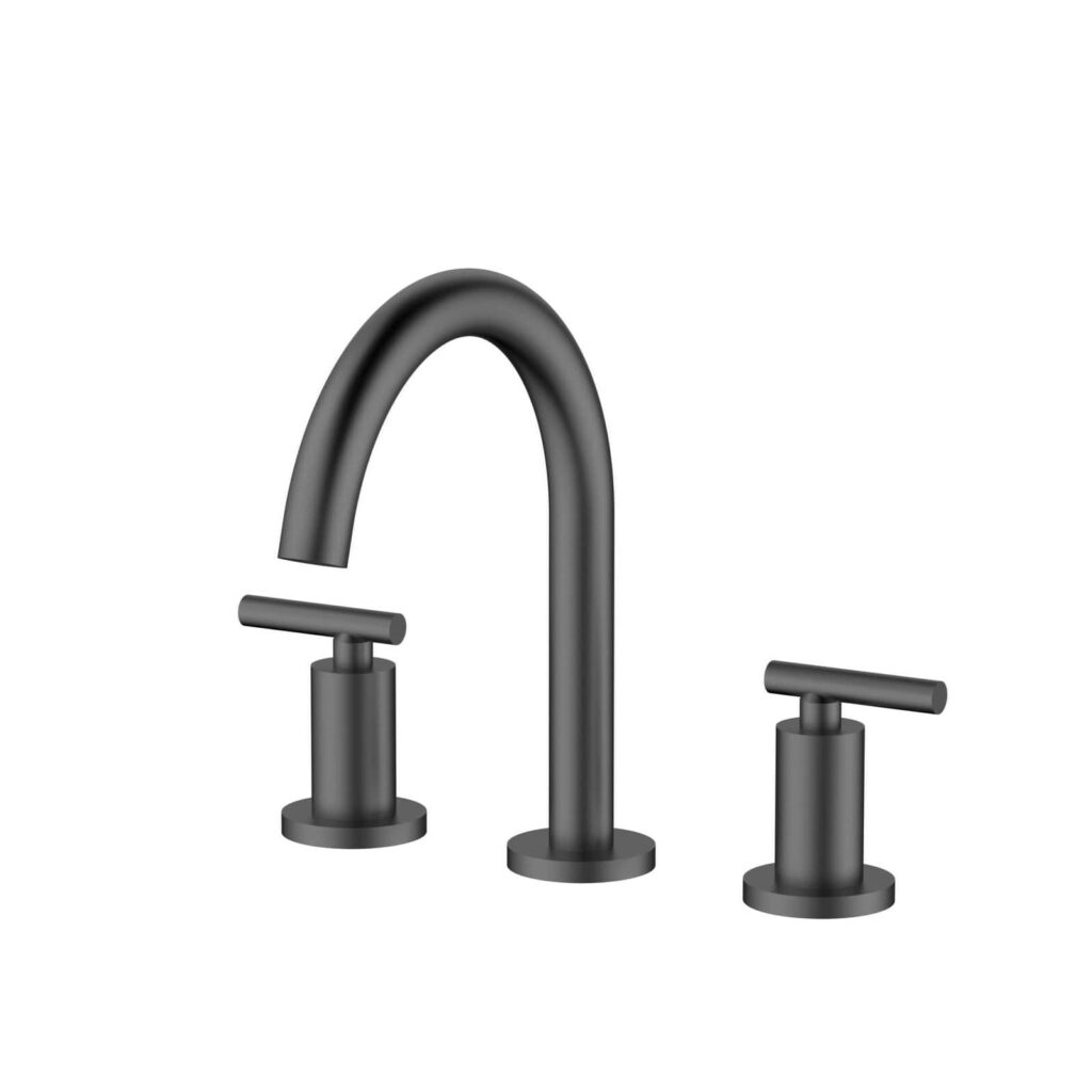 Title: Matte black 3-hole widespread bathroom faucet with elegant gooseneck spout | WF001B