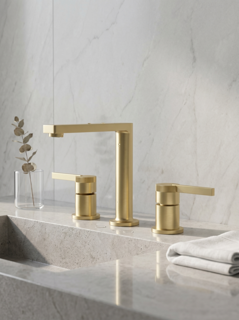 Luxury brushed gold 3-hole widespread bathroom faucet with modern square-bend spout | WF004G
