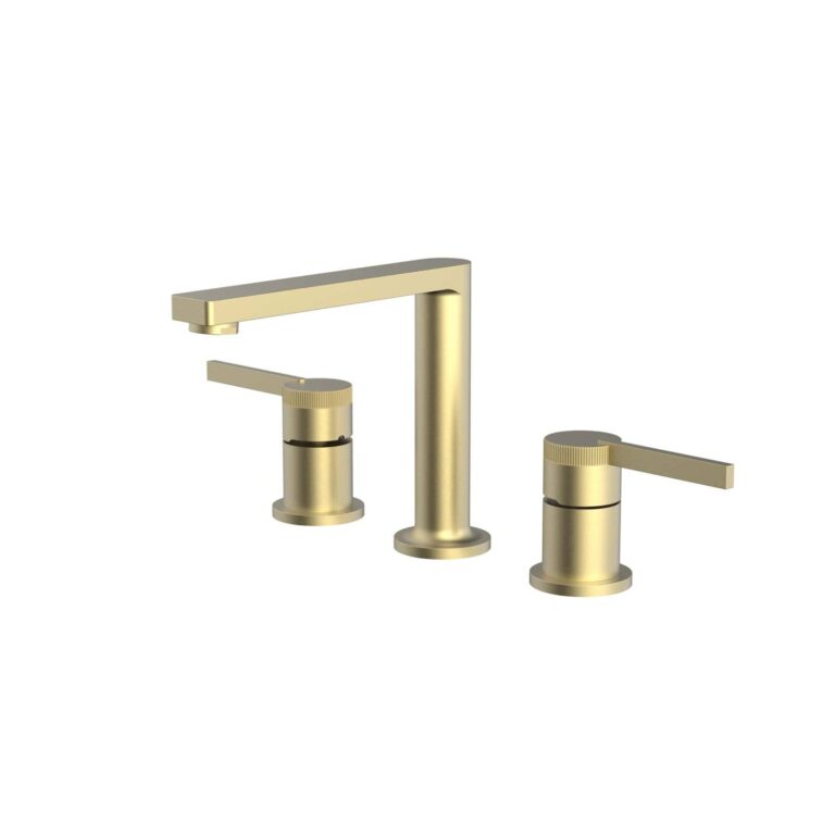 Luxury brushed gold 3-hole widespread bathroom faucet with modern square-bend spout | WF004G
