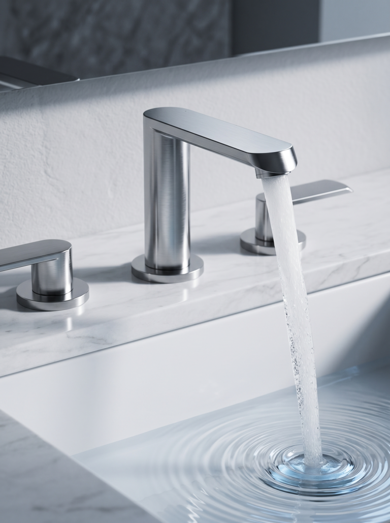 Modern polished chrome 3-hole widespread bathroom faucet with square-bend spout | WF005G