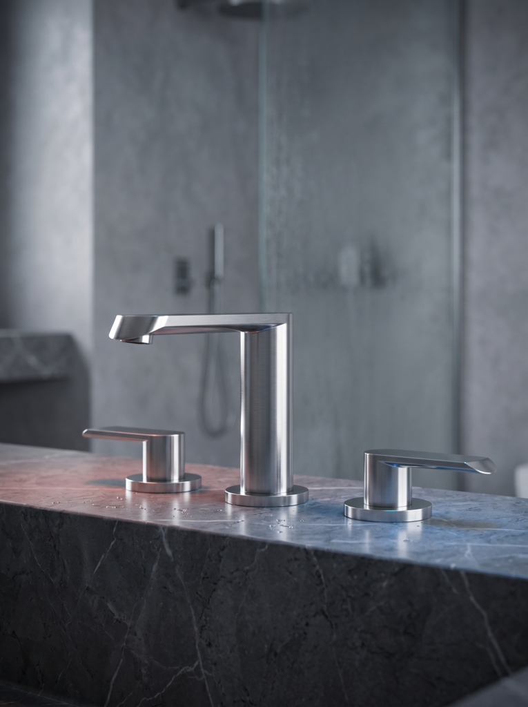 Modern polished chrome 3-hole widespread bathroom faucet with square-bend spout | WF005G