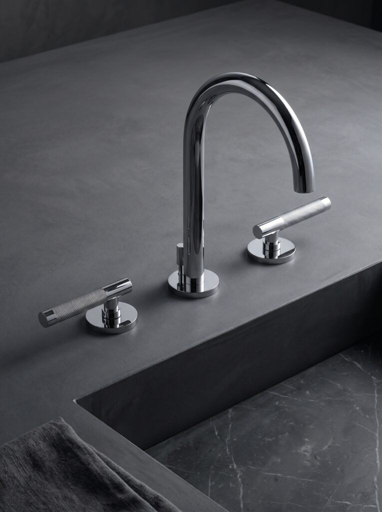 Contemporary luxury polished chrome 3-hole faucet with knurled T-bar handles | WF006G