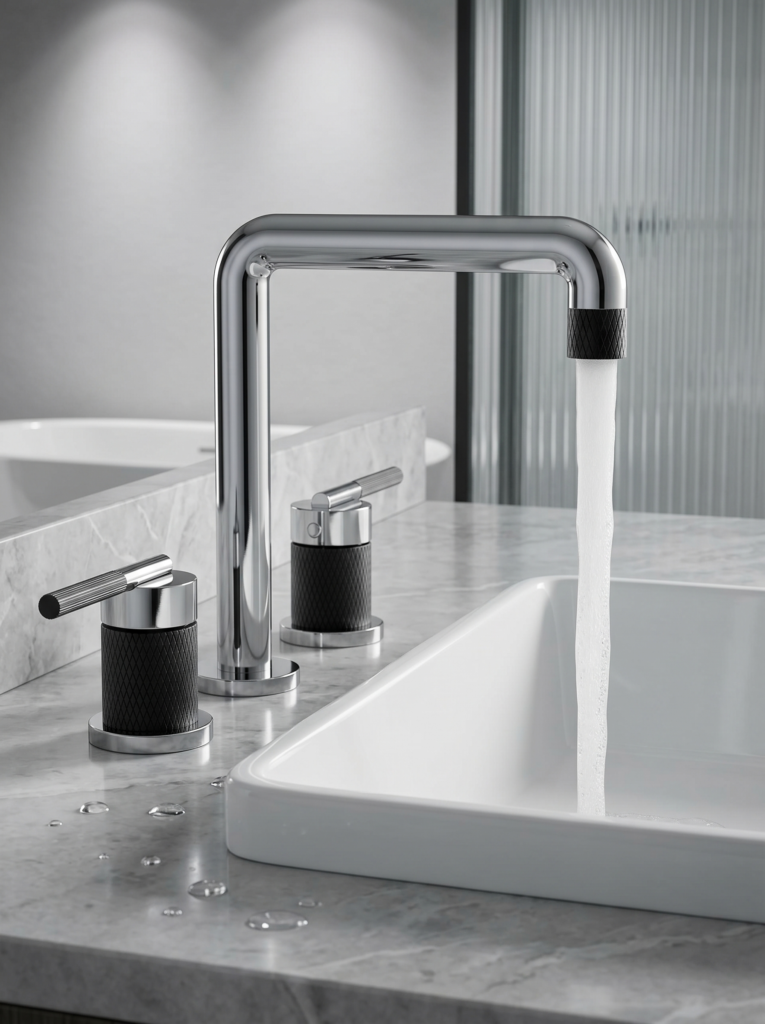 Luxury dual-tone 3-hole widespread bathroom faucet with polished chrome and knurled matte black split finish | WF008
