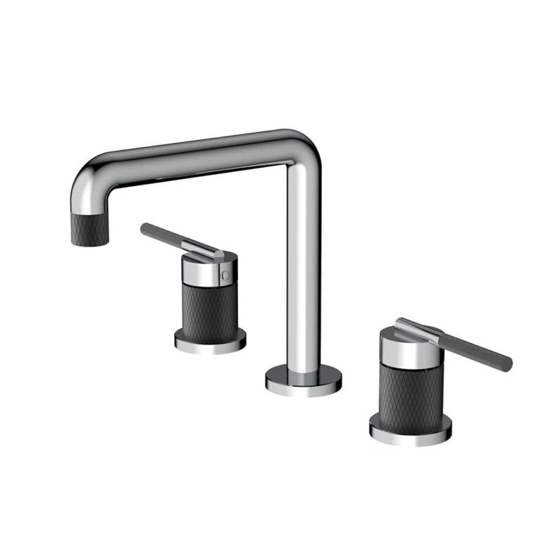 Luxury dual-tone 3-hole widespread bathroom faucet with polished chrome and knurled matte black split finish | WF008